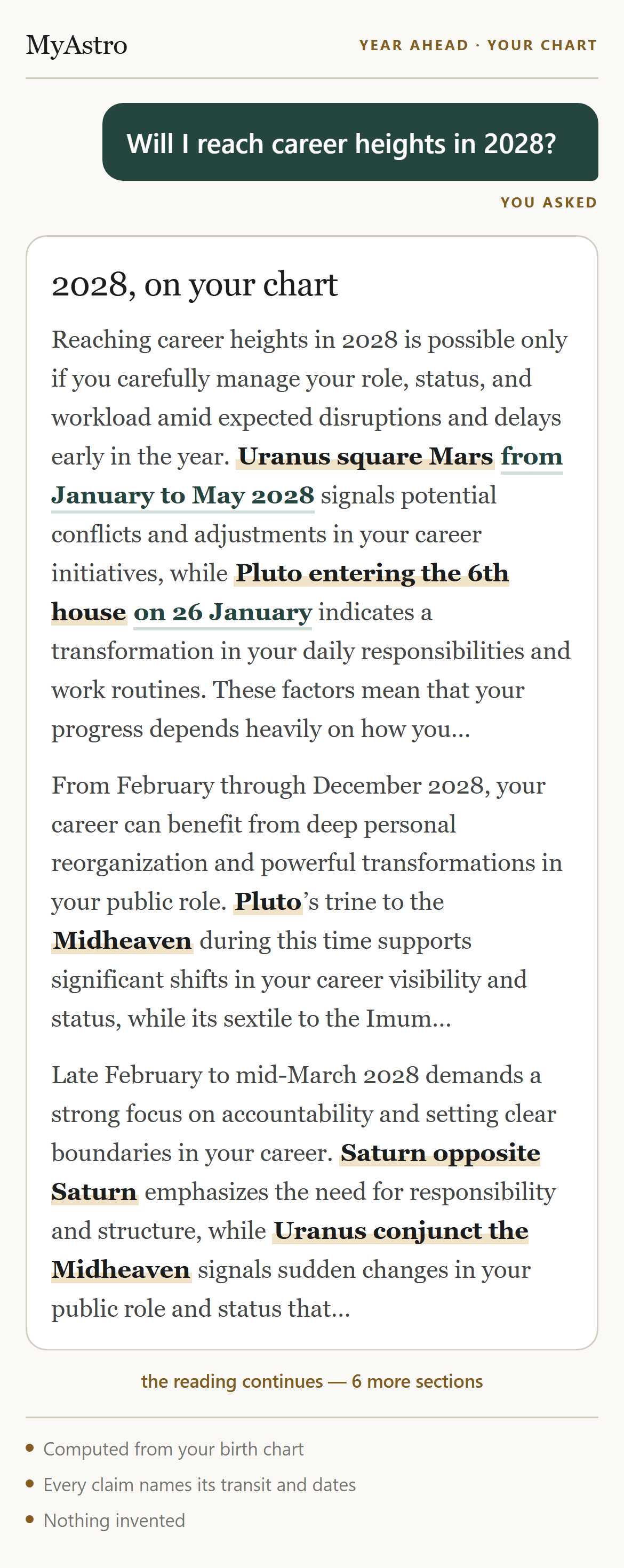 A year reading on a phone: the question “Will I reach career heights in 2028?” followed by the answer, with transits and dates named in the text.